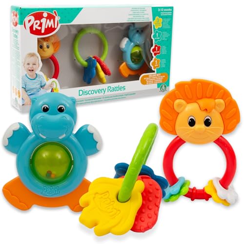 Primì - Baby-Rasseln, 3-teiliges Set mit Aminalen und Schlüsseln, Spiele für Kinder in den ersten Monaten, kontrastierende Farben, stimulieren Koordination, Sensorialität, Zahnen, Kinder 3-12 Monate von Primì