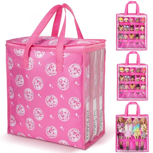 4 x Puppen-Aufbewahrungstaschen, kompatibel mit 4 Barbie-Puppen, 30,5 cm und 30 Stück LOL-Überraschungspuppen, tragbare Spielzeug-Reise-Tragetasche für Mädchen, Kinder, mit Etikett und Griff, nur von Primo Lines