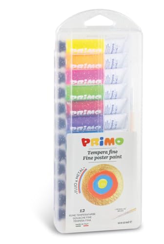 Primo 450T12FMP Temperafarben Set für Kinder mit 12 ml Aluminium Tuben, 12 4 Neon-und 8 Metall Farben, Multicolour von Primo