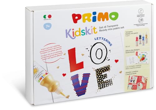 Primo Kidskit Lettering Farbset für Kinder ab 7 Jahren, Set mit 4 ergonomischen Farben und 50 ml Dosierer, 1 Malbuch für Zeichnungen, 1 Büchlein für kreative Arbeiten, künstlerische Lernspiele Primo Kidskit Lettering Farbset für Kinder ab 7 Jahren, Set mit 4 ergonomischen Farben und 50 ml Dosierer, 1 Malbuch für Zeichnungen, 1 Büchlein für kreative Arbeiten, künstlerische Lernspiele von Primo
