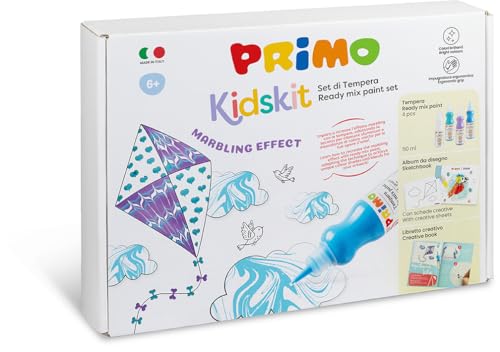 Primo Kidskit Marbling Effect Farbset für Kinder + 6, Set mit 4 ergonomischen Farben und 50 ml Dosierer, 1 Malbuch für Zeichnungen, 1 Buch für kreative Arbeiten, pädagogische Spiele von Primo