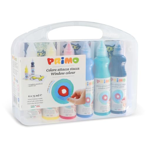 PRIMO - Malkoffer für Kinder ab 4 Jahren, 6 Acrylfarben Set, Farbaufkleber 75 ml, Acrylmalfarbe für Sticker auf Glasaufkleber und Mehr und Kreative Bastelarbeiten, Malset mit Window Color von Primo