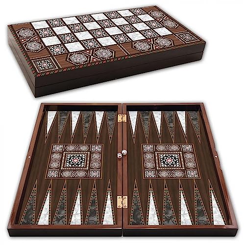 PrimoGames Deluxe Holz Backgammon Set Pearl XXL - 50x48 cm - inklusive Schachbrett - Gesellschaftsspiel in braun - praktische Reisespiele mit Koffer - hochwertiges Brettspiel für Jung und Alt von PrimoGames