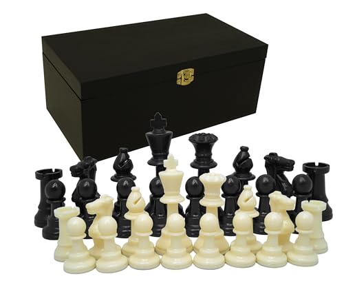 Kunststoff Schachfiguren in Holzbox Königshöhe 93 mm - Staunton Design Klassische 32 Schach Figuren mit Filzgleiter Schwarz Weiß Set Box Gr. M von PrimoGames