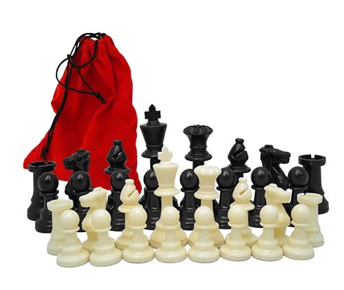 PrimoGames Kunststoff Schachfiguren im Samtbeutel Königshöhe 93 mm - Staunton Design Klassische 32 Schach Figuren mit Filzgleiter Schwarz Weiß Set Stoffbeutel rot Gr. XL von PrimoGames