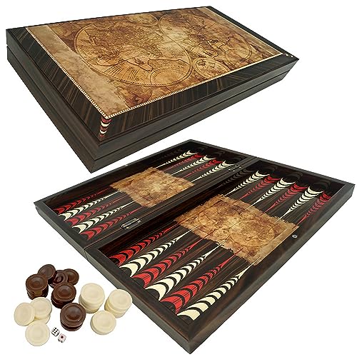 PrimoLiving Deluxe Holz Backgammon Spielset Globe XL – 41 x 41,5 cm – Gesellschaftsspiel - praktisches Reisespiel mit Koffer - hochwertiges Brettspiel für Jung und Alt von PrimoLiving