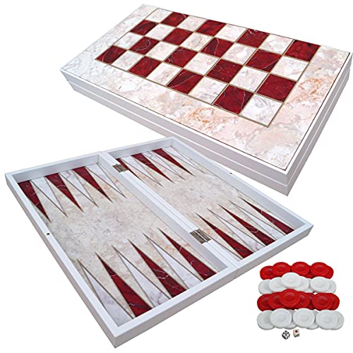 PrimoLiving Deluxe Holz Backgammon Set Red Marble XXL - 48x48,7 cm - inklusive Schachbrett – edles Gesellschaftsspiel - praktische Reisespiele mit Koffer - hochwertiges Brettspiel für Jung und Alt von PrimoLiving
