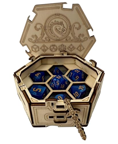 Printable Adventure DND Würfelbox mit Würfelset – Hexagon Holzbox mit Gravur & Filzeinlage – Dice Tabletop Aufbewahrung & Würfelschale – RPG Zubehör für Tabletop Spieler von Printable Adventure