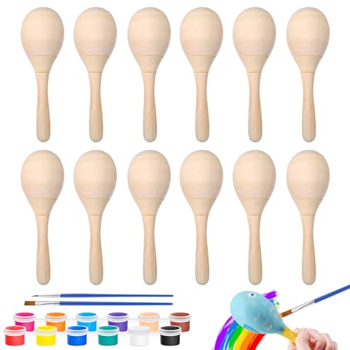 Prmape 12 Stück Mini Hölzerne Maracas mit 2pcs Acryl Farben+2pcs Pinseln, Maracas Holz Kinder, Rassel Holz Musikinstrument, Rasseln für Kinder, Partys und Schulen von Prmape