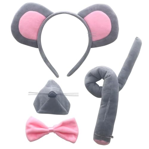 4-teiliges Set mit Mausohren und -schwanz, Rattenohren, Stirnband, Nase, Fliege, Schwanz, Kostümzubehör für Erwachsene, Welttag des Buches, Cosplay, Geburtstag, Party, Verkleiden (Rosa) von Pro-Noke