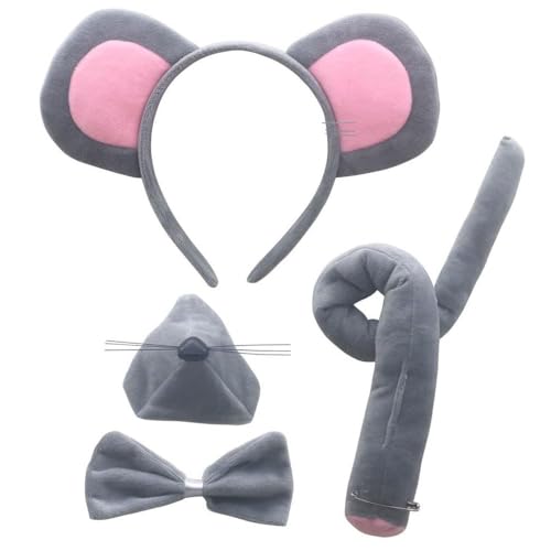 Pro-Noke 4-teiliges Set mit Mausohren und -schwanz, Rattenohren, Stirnband, Nase, Fliege, Schwanz, Kostümzubehör für Erwachsene, Welttag des Buches, Cosplay, Geburtstag, Party, Verkleiden (grau) von Pro-Noke