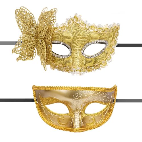 Pro-Noke Venezianische Masken, 2 Stück Karnevalsmasken für Maskerade-Nacht, Halbgesichtsmasken für Damen und Herren, Karnevalsmaske, Halloween-Masken (Gold) von Pro-Noke