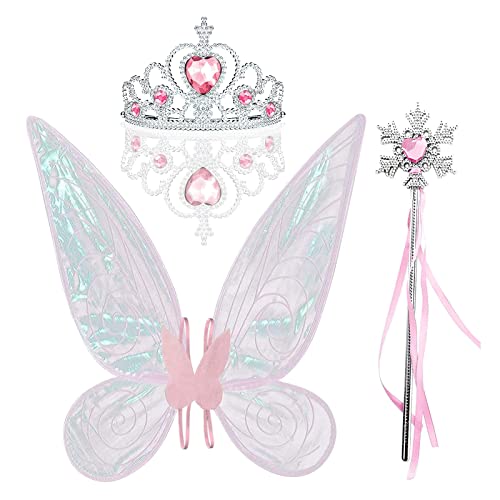 Schmetterlings-Feenflügel mit Krone, Feenstab, 3 Stück, Feenprinzessin-Kostüm, Zubehör für Mädchen und Frauen, Kostümparty, Rosa von Pro-Noke