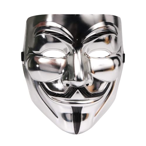 ProBytes V for Vendetta Maske - Guy Fawkes Hacker, Anonymous, Purge, Horror, Cosplay, Maskerade, Akt, Gedenken, 5. November, Karneval, Halloween, Festival, Lagerfeuernacht, On Size (Silber) von ProBytes
