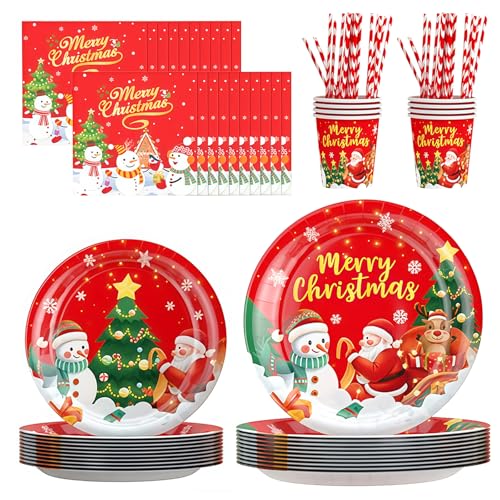 80-teilig Weihnachtsgeschirr-Set aus Pappe für die ganze Familie | Tassen, Teller, Servietten & Strohhalme für gemütliche Festtage | Dekoration für Weihnachtsfeier, Kinderparty & Adventskaffee von Probuk
