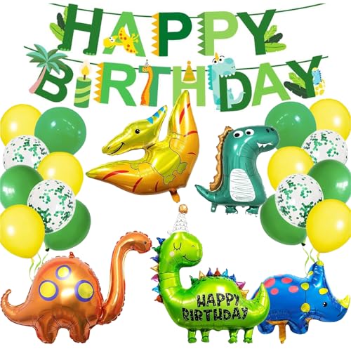 Dino Geburtstag Deko Set XXL – 22 Stück Dinosaurier Partydekoration mit Folienballons, Girlande & Luftballons – Dino Kindergeburtstag Deko für Jungen, Dschungelparty, Grün & Gelb von Probuk