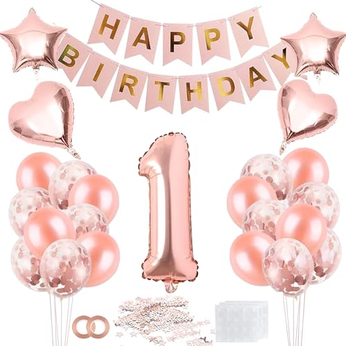 Geburtstag Deko Mädchen, 1. Geburtstag Dekorationen Rosegold, Deko 1. Birthday Mädchen, Konfetti 1 Birthday mit Herz-Sternen-Ballon für Kinder von Probuk