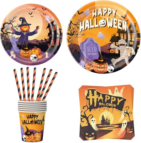 Halloween Partygeschirr-Set 80-teilig | Pappteller, Becher, Tassen Servietten & Strohhalme | Gruselige Tischdeko für Kinderparty & Gartenfest | Inkl. 16 Sets von Probuk