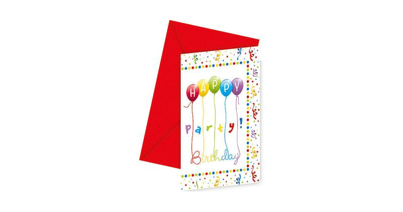 Einladungskarten Happy Birthday Streamers, 6 Stück inkl. Umschlag rot Modell 3 von Procos