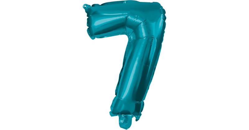 Folienballon Zahl 7 türkis, 32 cm, inkl. Pustehalm türkis/blau von Procos
