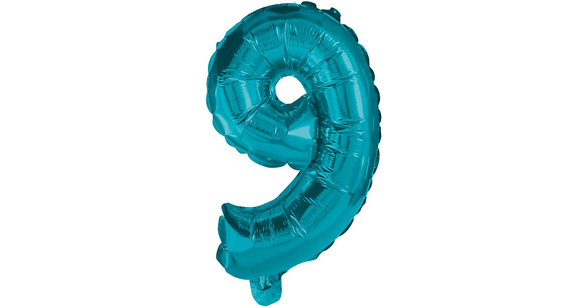 Folienballon Zahl 9 türkis, 32 cm, inkl. Pustehalm türkis Modell 2 von Procos