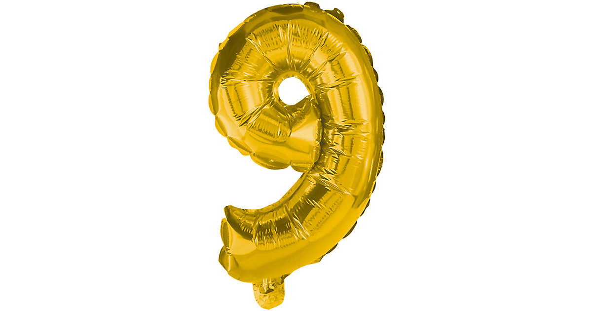 Folienballon Zahl 9 gold, 10 cm, inkl. Pustehalm von Procos