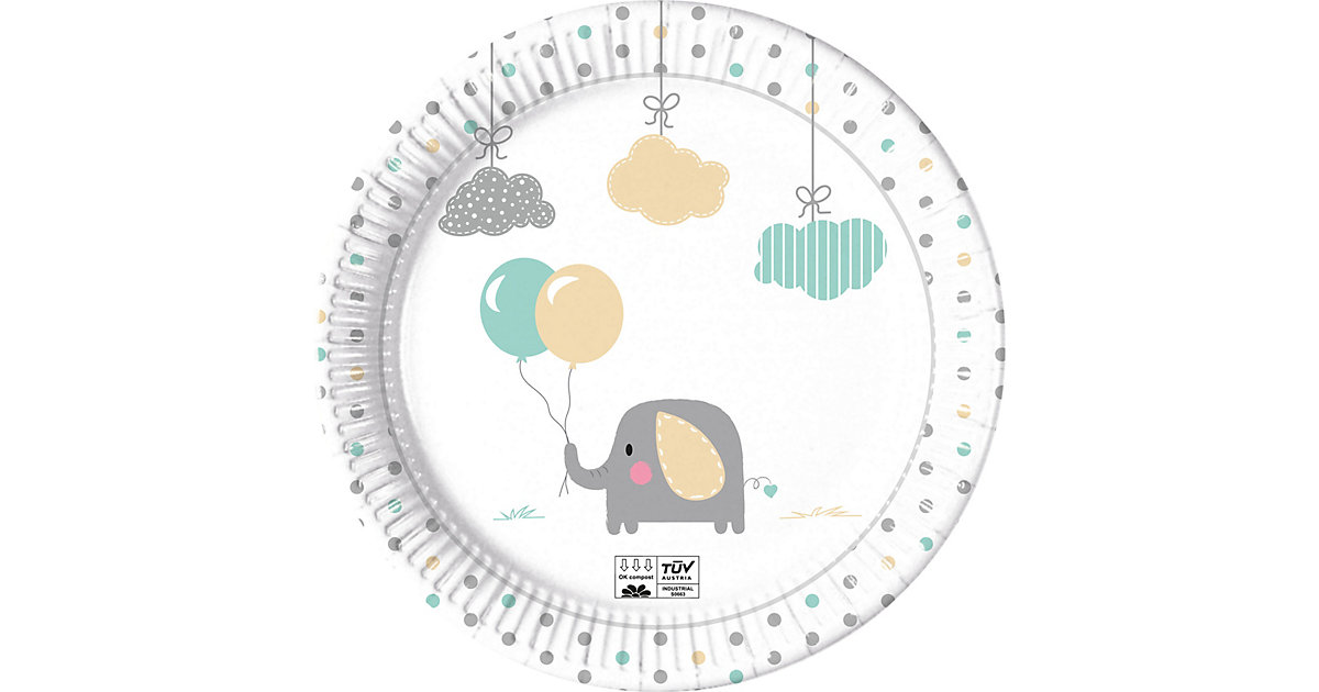 Papp-Partyteller Baby Elefant, Ø 23 cm, 8 Stück, kompostierbar weiß/grau von Procos