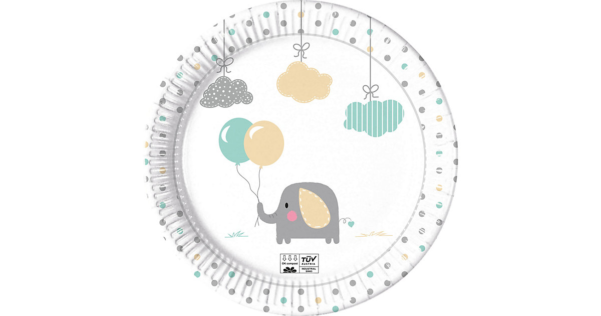 Papp-Partyteller Baby Elefant, Ø 23 cm, 8 Stück, kompostierbar weiß/grau Papp-Partyteller Baby Elefant, Ø 23 cm, 8 Stück, kompostierbar weiß/grau von Procos