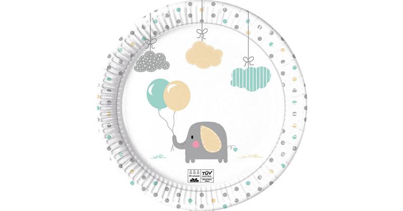 Papp-Partyteller Baby Elefant, Ø 23 cm, 8 Stück, kompostierbar weiß/grau von Procos