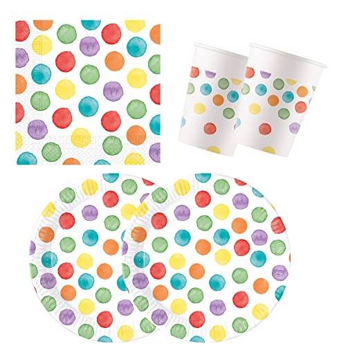 Procos 10137431 - Partyset S Multiwater Color Dots, 52-teiliges Set, 16 Teller, 16 Becher, 20 Servietten, Einweggeschirr, Partygeschirr, Tischdekoration, Marvel von Procos