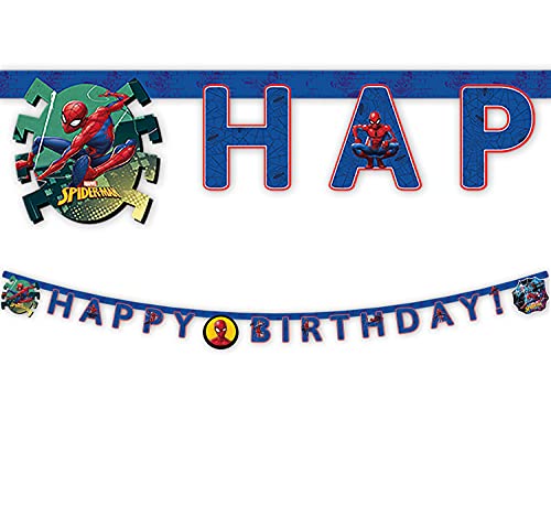Procos 89454 - Girlande Happy Birthday, Spiderman Team Up, Länge 2 m, Buchstaben-Girlande, Schriftzug, Hänge-Dekoration, Geburtstag, Mottoparty von Procos