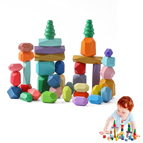 Promise Babe Montessori Holzspielzeug 38PC Balanciersteine für Kinder,Stapelsteine Bausteine Balance Steine, Holz Stapelspielzeug Sortieren Stapeln Balancier Stein Stapelspiel Lernspielzeug 3 Jahr+ von Promise Babe