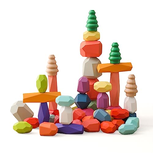 Promise Babe Montessori Holzspielzeug 48 PCS Balanciersteine für Kinder,Stapelsteine Bausteine Balance Steine, Holz Stapelspielzeug Sortieren Stapeln Balancier Stapelspiel Lernspielzeug 3 Jahr+ von Promise Babe