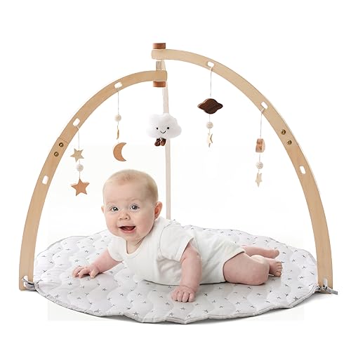 Promise Babe Spielbogen Baby Holz mit Spieldecke für Babies,Natur Holz Baby Spielbogen mit Stern Mond Wolken Spielzeuge Anhänger Wickeltisch Babybett Babydecke mit Activity Spielbogen von Promise Babe