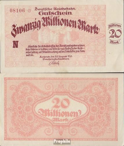 Geldschein Karlsruhe Pick-Nr: S1270 Inflationsgeld der Deutschen Reichsbahn Karlsruhe gebraucht (III) 1923 20 Millionen Mark (Banknoten für Sammler - kein Zahlungsmittel) Eisenbahn / Seilbahn von Prophila Collection