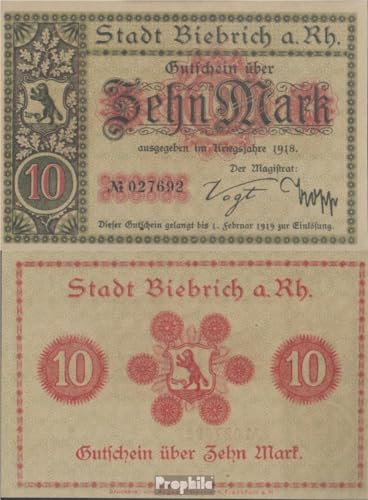 Prophila Collection Geldschein Biebrich am Rhein Notgeld Stadt Biebrich am Rhein, mit Stempel ungültig gebraucht (III) 1918 10 Mark (Banknoten für Sammler - kein Zahlungsmittel) von Prophila Collection