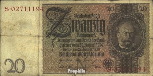 Prophila Collection Geldschein Deutsches Reich Rosenbg: 174a, Udr.-BST.: N, Serien: Q-U gebraucht (III) 1929 20 Reichsmark (Banknoten für Sammler - kein Zahlungsmittel) von Prophila Collection