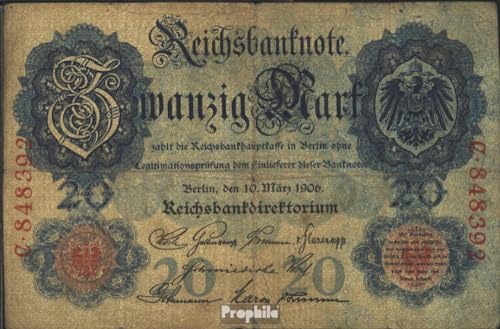 Prophila Collection Geldschein Deutsches Reich Rosenbg: 24a, 6stellige Kontrollnummer gebraucht (III) 1906 20 Mark (Banknoten für Sammler - kein Zahlungsmittel) von Prophila Collection