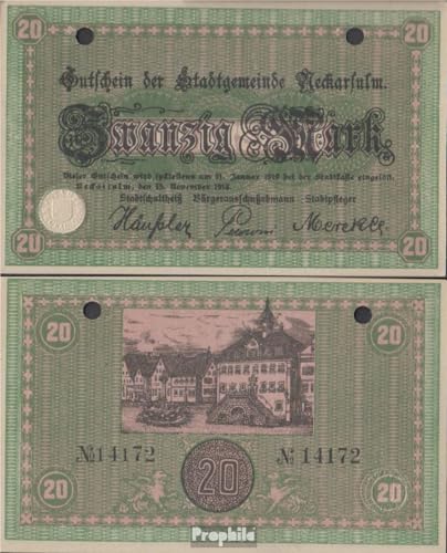 Prophila Collection Geldschein Neckarsulm Notgeld Stadtgemeinde Neckarsulm, gelocht gebraucht (III) 1918 20 Mark (Banknoten für Sammler - kein Zahlungsmittel) von Prophila Collection