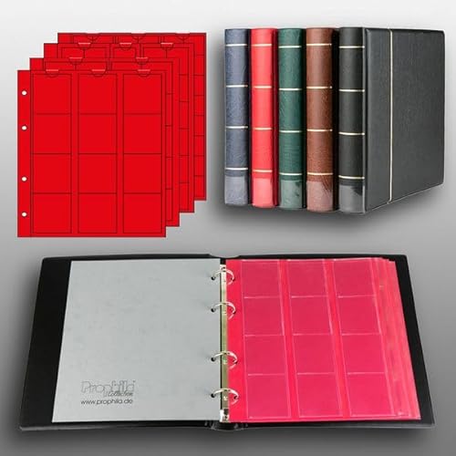 Prophila Collection Münz-Album mit 4 Hüllen (rote Zwischenblätter) für 110 Münzen schwarz von Prophila Collection
