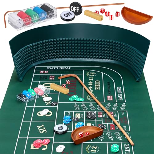 Proshine Craps Tischspiel-Set mit 88,9 x 177,8 cm großen Gummi-Craps-Tisch-Layout-Matte, 121,9 x 27,9 cm Gummi-Craps-Diamant-Pyramiden-Stoßstange, 91,4 cm Rattanstab, 19 mm Würfel in Casinoqualität von Proshine