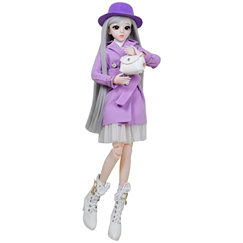 Proudoll 1/3 BJD-Puppe, 60 cm, Kugelgelenk, SD-Puppen, bewegliche Gelenke, Actionfiguren, Fashion Girl Caroline + Hut + Perücke + Mantel + Kleid + Umhängetasche + Stiefel (lila) von Proudoll