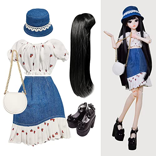 Proudoll 1/3 BJD Puppe Kleidung Outfit Set Handmade stilvolle Blumen Bluse, Denim Rock, Hut, Perücke, Cross-Body Tasche und High Heel, kompatibel mit 1/3 60cm 24in SD Puppen Proudoll 1/3 BJD Puppe Kleidung Outfit Set Handmade stilvolle Blumen Bluse, Denim Rock, Hut, Perücke, Cross-Body Tasche und High Heel, kompatibel mit 1/3 60cm 24in SD Puppen von Proudoll