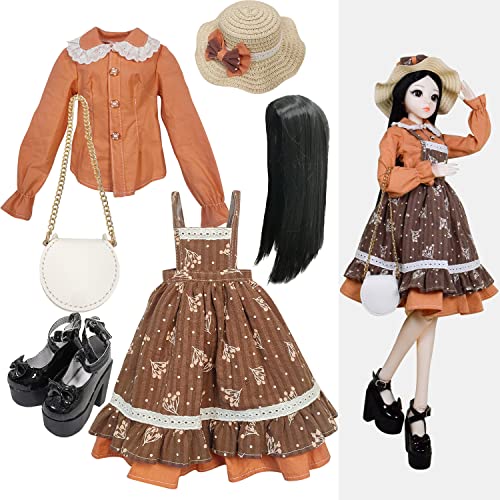 Proudoll 1/3 BJD Puppe Kleidung Outfit Set für handgefertigte stilvolle braune Floral Strap Kleid, Bluse, Hut, Perücke, Crossbody Tasche und High Heel, kompatibel mit 1/3 60cm 24in SD Puppen Proudoll 1/3 BJD Puppe Kleidung Outfit Set für handgefertigte stilvolle braune Floral Strap Kleid, Bluse, Hut, Perücke, Crossbody Tasche und High Heel, kompatibel mit 1/3 60cm 24in SD Puppen von Proudoll