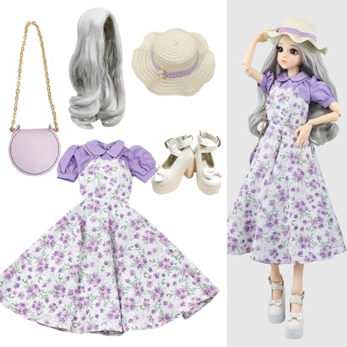 Proudoll 1/3 BJD Puppe Kleidung Outfit Set mit handgefertigten lila Floral Strap Kleid und Bluse Set Kompatibel mit 1/3 60cm 24in SD Puppen von Proudoll