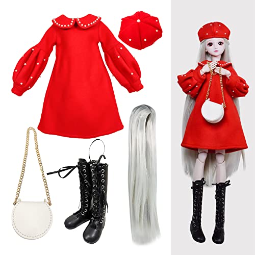Proudoll 1/3 BJD Puppe Kleidung Outfit Set mit handgefertigten stilvollen roten Kleid, Beret, Perücke, Ledertasche Stiefel, kompatibel mit 1/3 60cm 24in SD Puppen Proudoll 1/3 BJD Puppe Kleidung Outfit Set mit handgefertigten stilvollen roten Kleid, Beret, Perücke, Ledertasche Stiefel, kompatibel mit 1/3 60cm 24in SD Puppen von Proudoll
