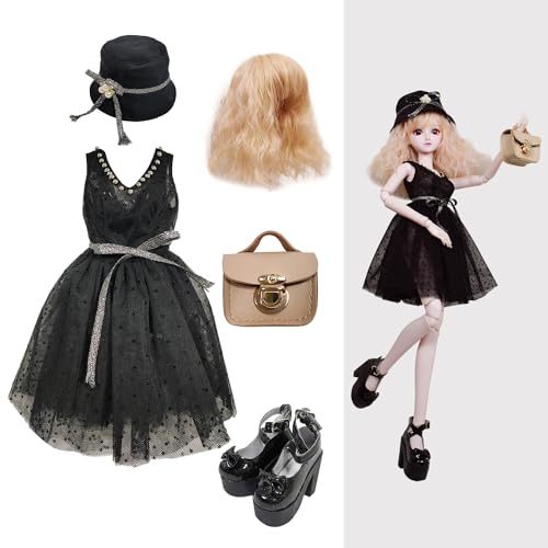 Proudoll 1/3 BJD Puppe Kleidung Outfit Set mit handgefertigten stilvollen schwarzen Kleid, Hut, Perücke, Ledertasche, High Heel, kompatibel mit 1/3 60cm 24in SD Puppen Proudoll 1/3 BJD Puppe Kleidung Outfit Set mit handgefertigten stilvollen schwarzen Kleid, Hut, Perücke, Ledertasche, High Heel, kompatibel mit 1/3 60cm 24in SD Puppen von Proudoll