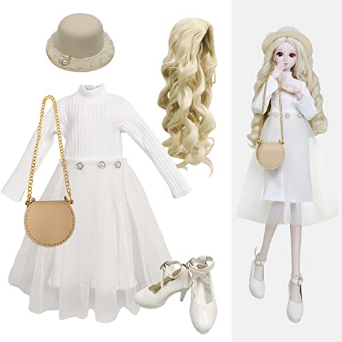 Proudoll 1/3 BJD Puppe Kleidung Outfit Set mit handgefertigten stilvollen weißen Kleid, Hut, Perücke, Ledertasche Schuhe, kompatibel mit 1/3 60cm 24in SD Puppen Proudoll 1/3 BJD Puppe Kleidung Outfit Set mit handgefertigten stilvollen weißen Kleid, Hut, Perücke, Ledertasche Schuhe, kompatibel mit 1/3 60cm 24in SD Puppen von Proudoll
