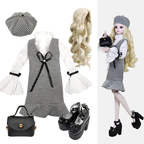 Proudoll 1/3 BJD Puppe Outfit Set Handmade stilvolle schwarz/weiß Karierte Kleid, Beret, Bluse, Perücke, Ledertasche für High Heel, kompatibel mit 1/3 60cm 24in SD Puppen Proudoll 1/3 BJD Puppe Outfit Set Handmade stilvolle schwarz/weiß Karierte Kleid, Beret, Bluse, Perücke, Ledertasche für High Heel, kompatibel mit 1/3 60cm 24in SD Puppen von Proudoll