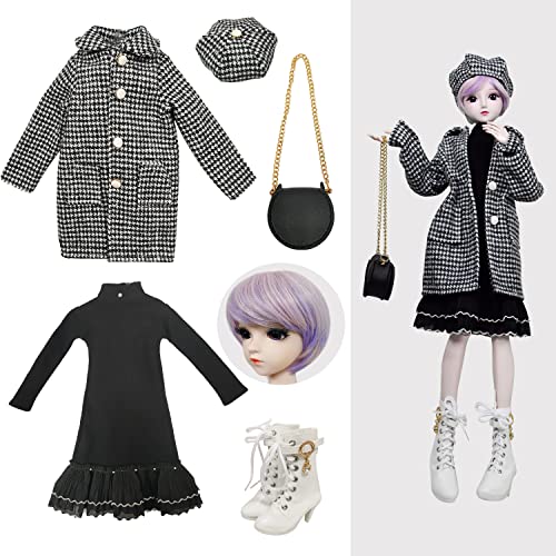 Proudoll 1/3 BJD Puppe Outfit Set Handmade stilvolle schwarz/weiß Karierte Mantel, Beret, Kleid, lila Perücke, Ledertasche Stiefel, kompatibel mit 1/3 60cm 24in SD Puppen Proudoll 1/3 BJD Puppe Outfit Set Handmade stilvolle schwarz/weiß Karierte Mantel, Beret, Kleid, lila Perücke, Ledertasche Stiefel, kompatibel mit 1/3 60cm 24in SD Puppen von Proudoll